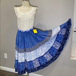 Handmade upcycled blue and white full circle skirt with flounce & ruffle, Size M